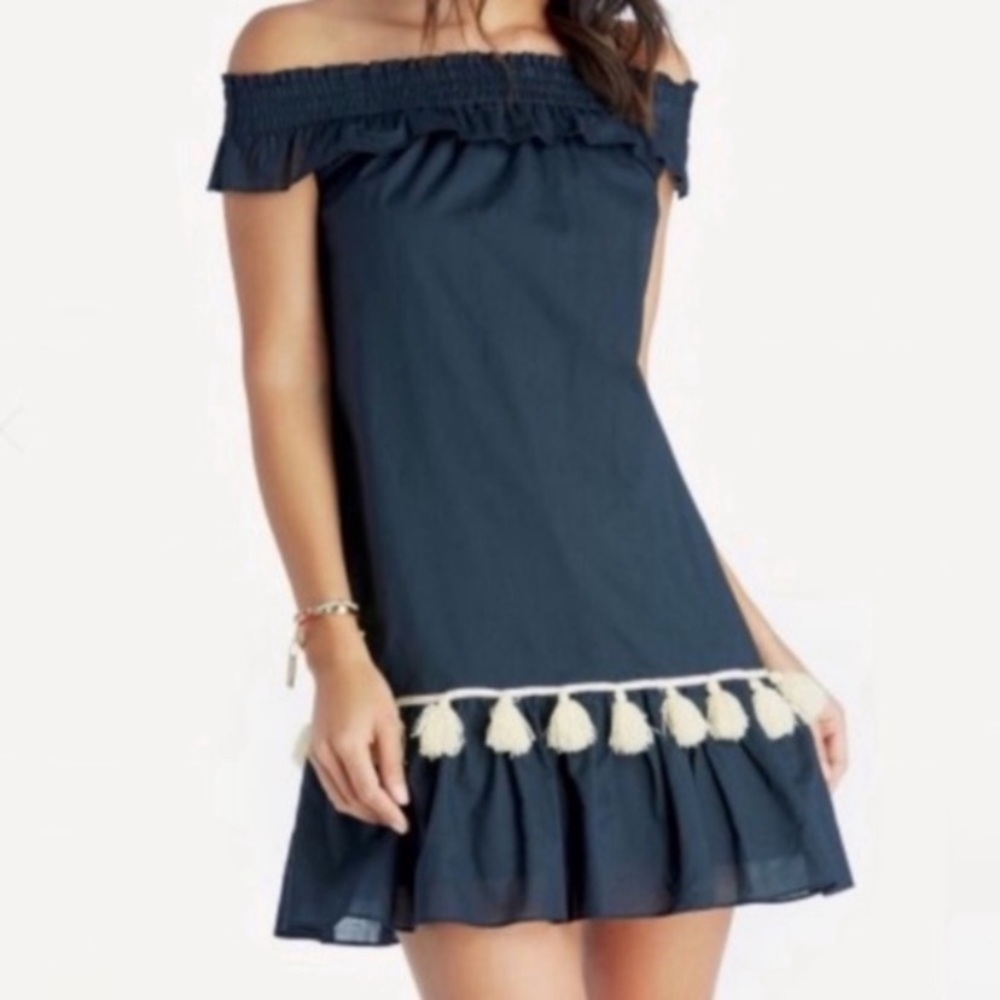 Misa Los Angeles Gia Off Shoulder Shift Navy Mini Dress Size Small Beach Vacay.